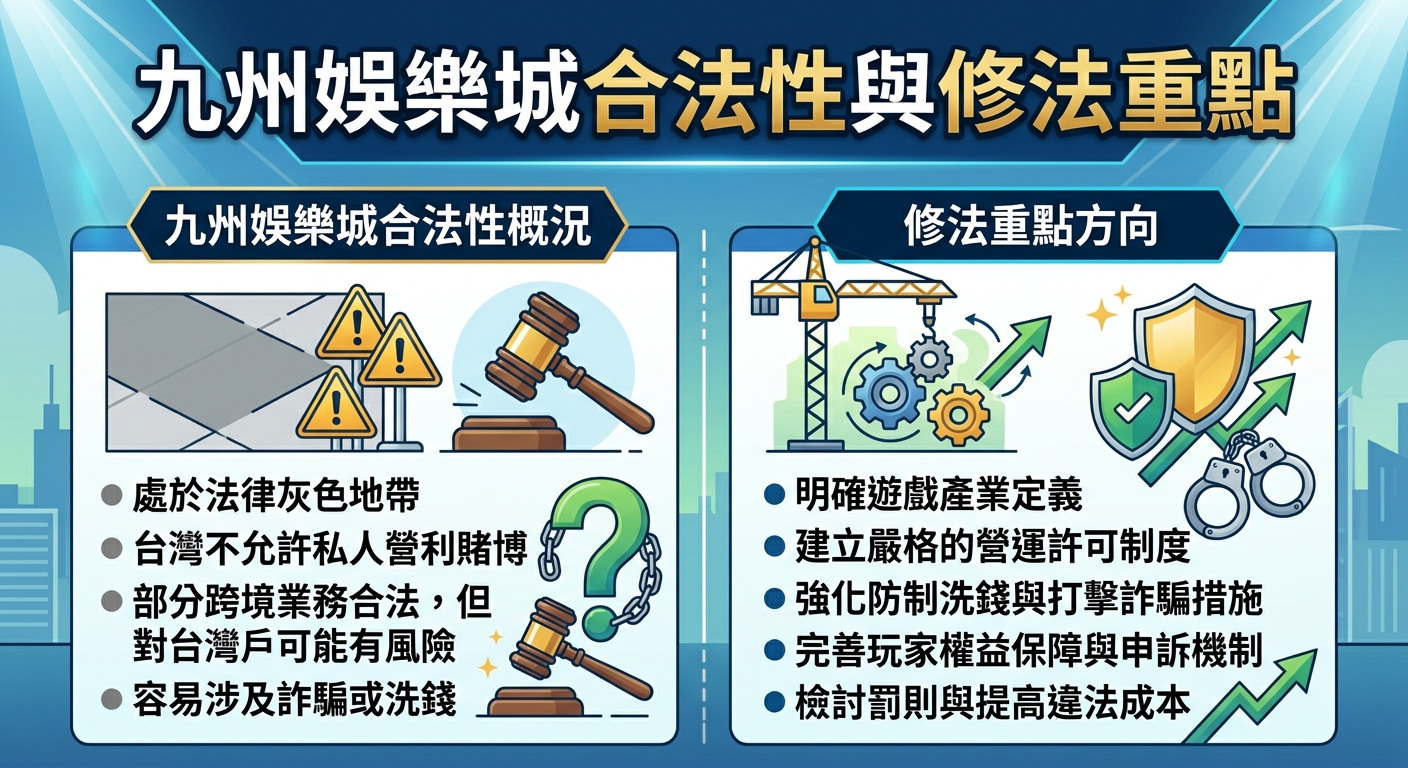 一張以「九州娛樂城合法性與修法重點」為主題的資訊圖表,左側列出法律灰色地帶與風險,右側說明明確定義及防制洗錢等修法方向。 整體採用藍綠色調與現代商務風格,搭配法槌、盾牌與警告標示等插圖,清楚呈現合法性分析與法規調整焦點。