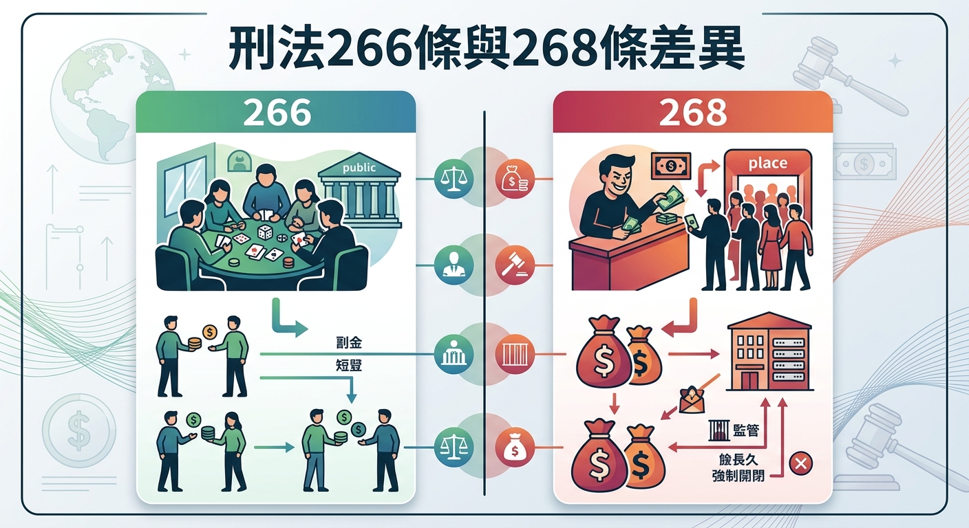 這張圖表比較了刑法第266條與第268條,左側以賭博情境與微薄罰金圖示代表「普通賭博罪」。 右側則以營利抽頭、經營場所及較重刑罰圖示,清晰呈現「意圖營利供給賭博場所罪」的差異。